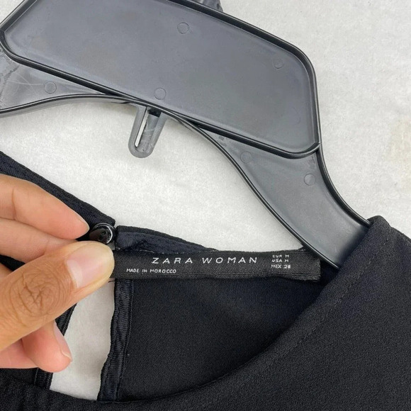 Zara Woman Blouse Women's M Black Ruffle Half Sleeves Round Neck Keyhole Back - Picture 10 of 11